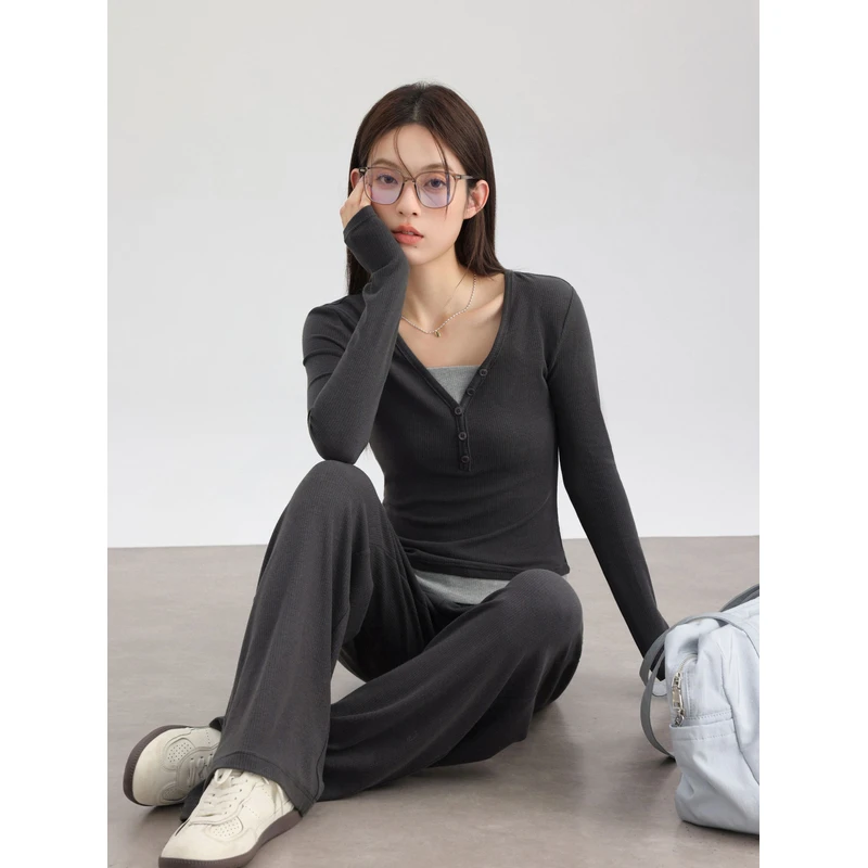 瞌睡兔假两件长袖修身T恤打底衫女春松紧收腰休闲长裤套装