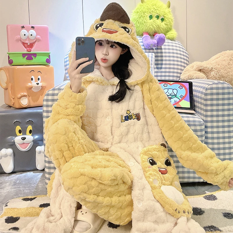 2025新款奶龙儿童睡衣秋冬季女童珊瑚绒加厚款女孩大童睡袍家居服