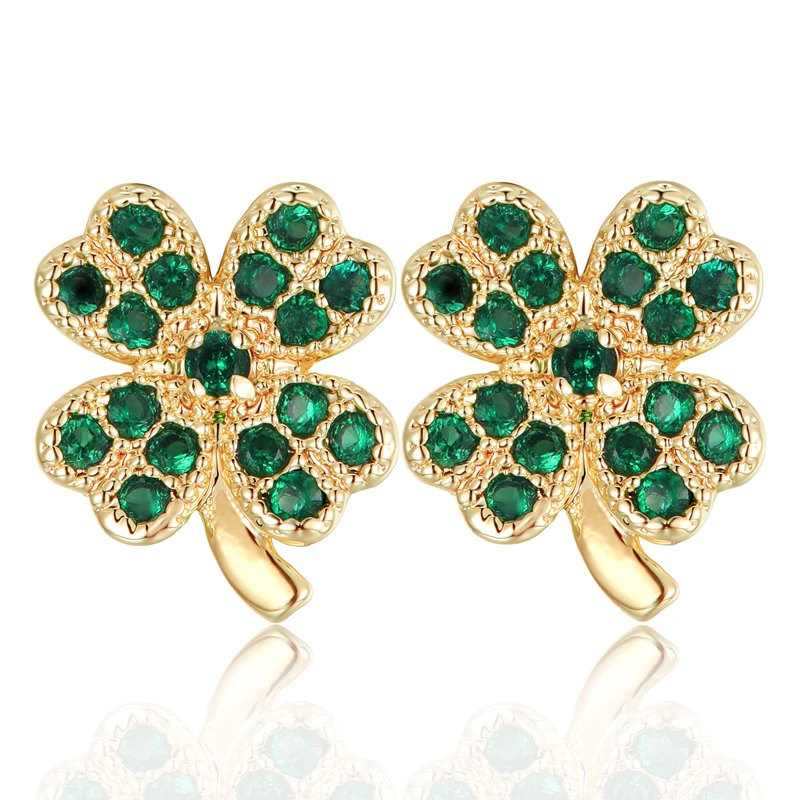 铜合金耳饰 G038四叶草耳钉绿色锆石镶嵌时尚轻奢优雅气质耳环