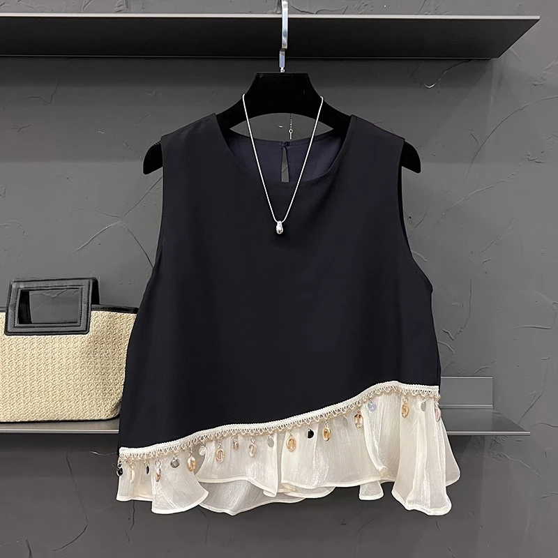 无袖坎肩下摆拼接衬衫夏季新款上衣女装大码宽松气质可外穿衬衣