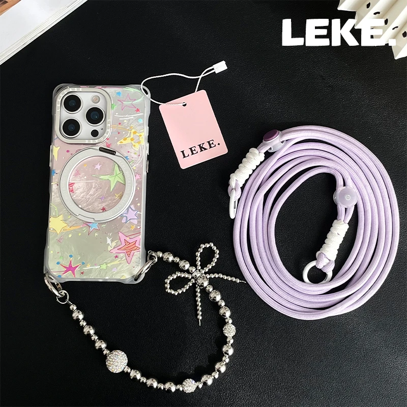 支点彩色星星适用苹果15手机壳带挂绳斜挎16四角13支架12链条14