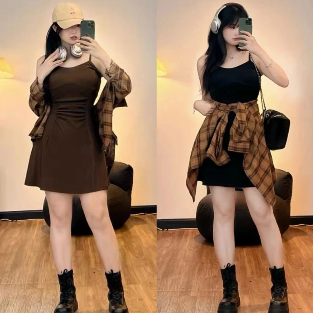 大码美拉德穿搭吊带连衣裙女秋季复古胖MM遮肉显瘦短裙衬衫两件套