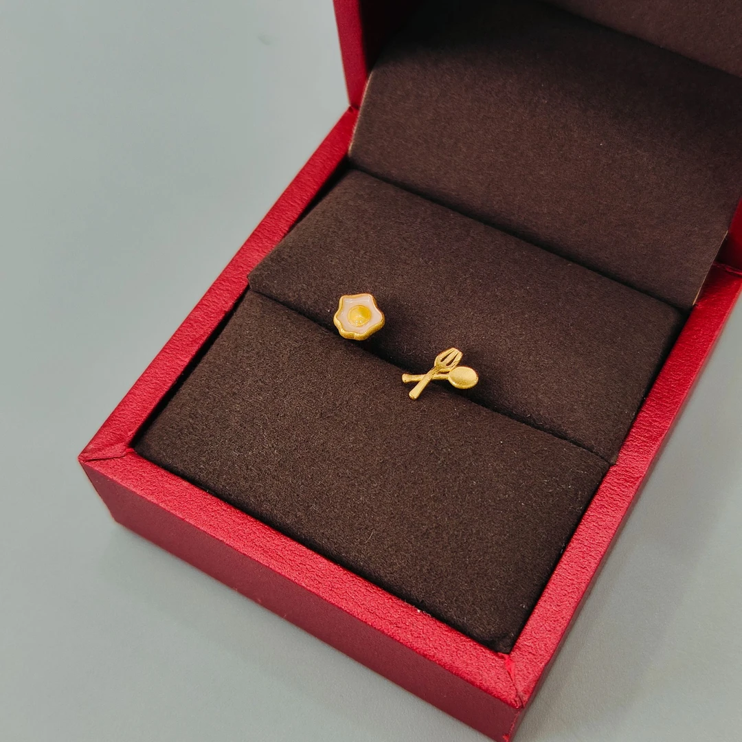 珺铺黄金 足金999【一店】5G刀叉荷包蛋直针耳钉时尚简约耳饰