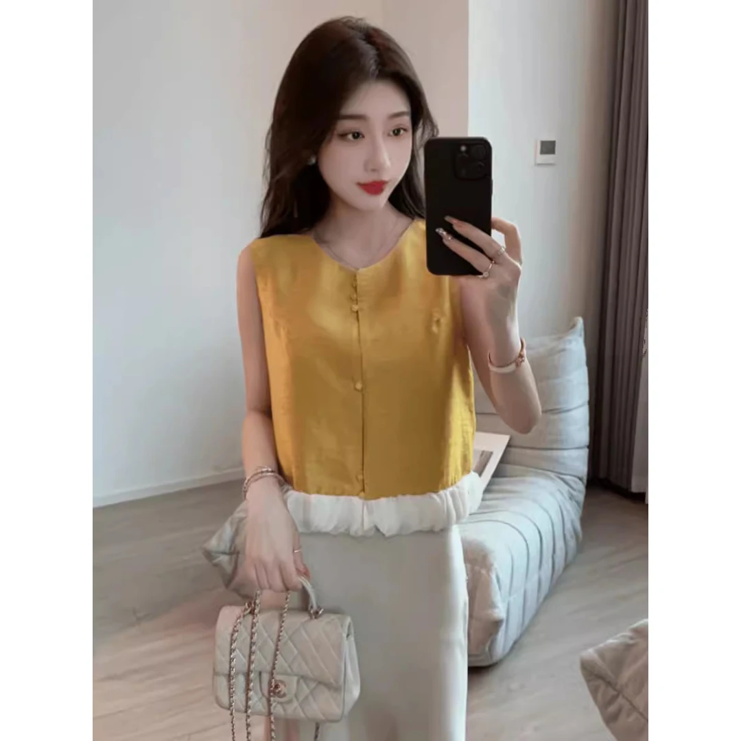 下摆拼接花瓣马甲背心女夏季新款时尚别致无袖坎肩短款上衣2383