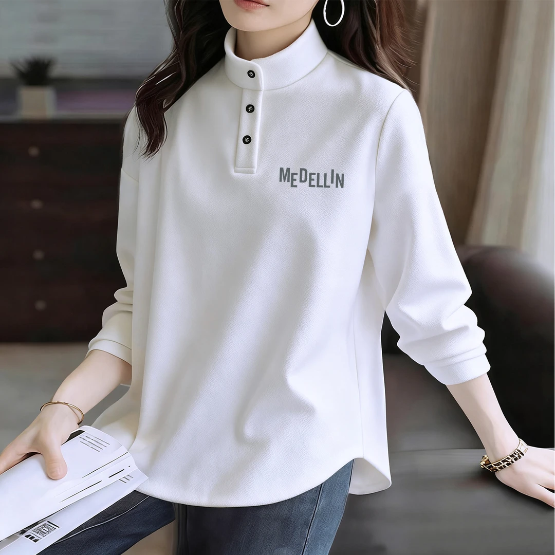 德绒立领POLO衫女秋冬季胖MM宽松显瘦字母印花保暖内搭半高领T恤