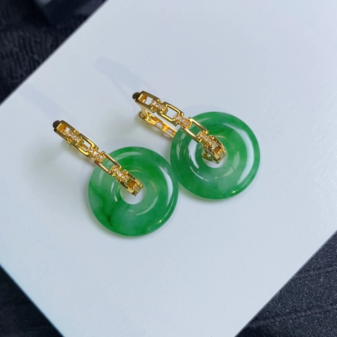翡翠18K金镶嵌耳饰链条耳包➕甜甜圈