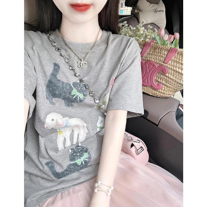 趣味动物印花短袖T恤女2025新款韩系休闲设计高级感上衣ins潮