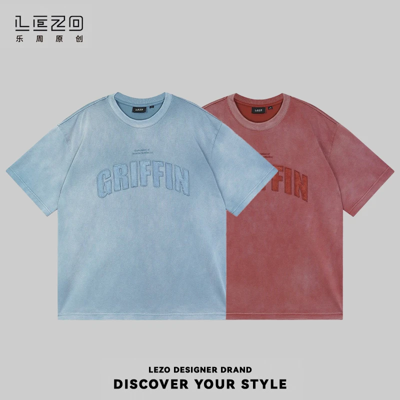 LEZO乐周原创 夏季简约百搭短袖圆领T恤基础版924201824 浅蓝红色