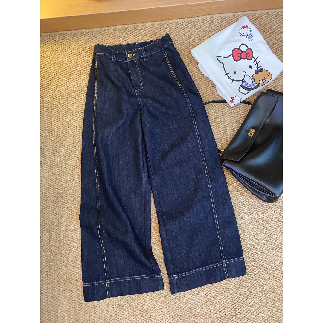 A48牛仔裤女25夏季新款韩版时尚百搭明线设计高腰直筒九分阔腿裤