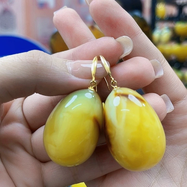 蜜蜡银S925镶嵌裸石耳环