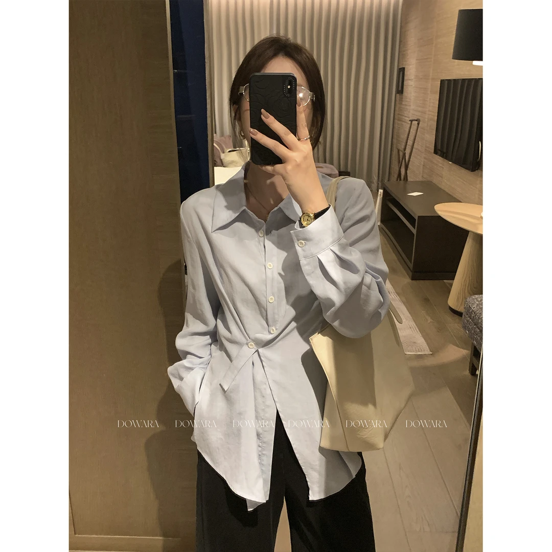 现货大婉酱微胖定制设计感收腰长袖衬衫女早秋时尚显瘦上衣2512D