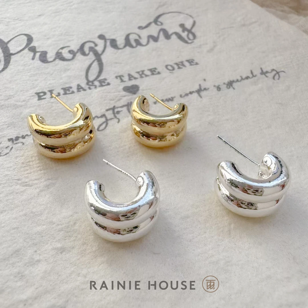 铜合金耳饰 双层C圈亮面耳钉 925针 轻奢气质时尚百搭