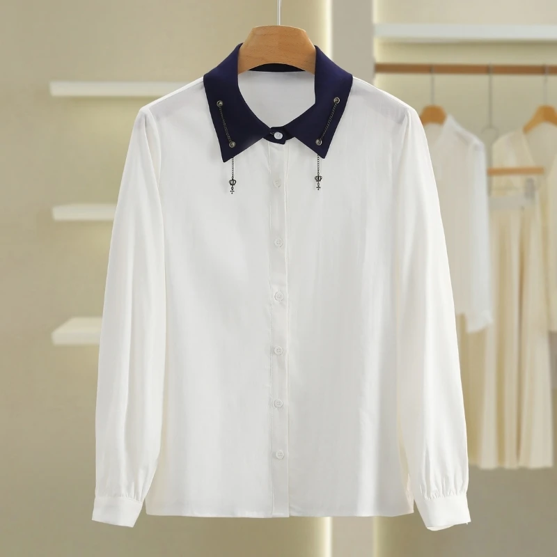 伍莎服饰云仓【罗】拼色链条撞色宽松长袖衬衫