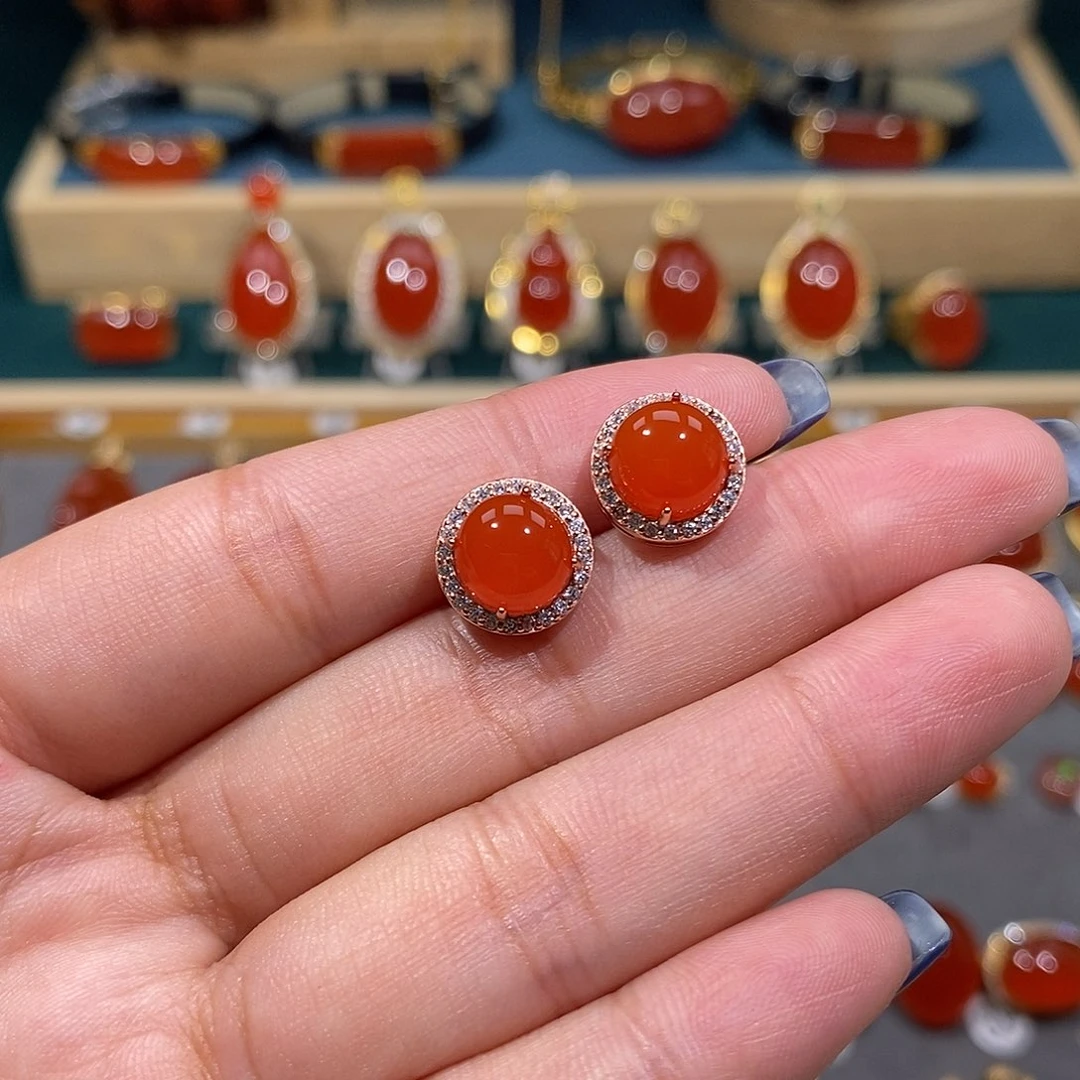 银S925镶嵌南红玛瑙耳饰