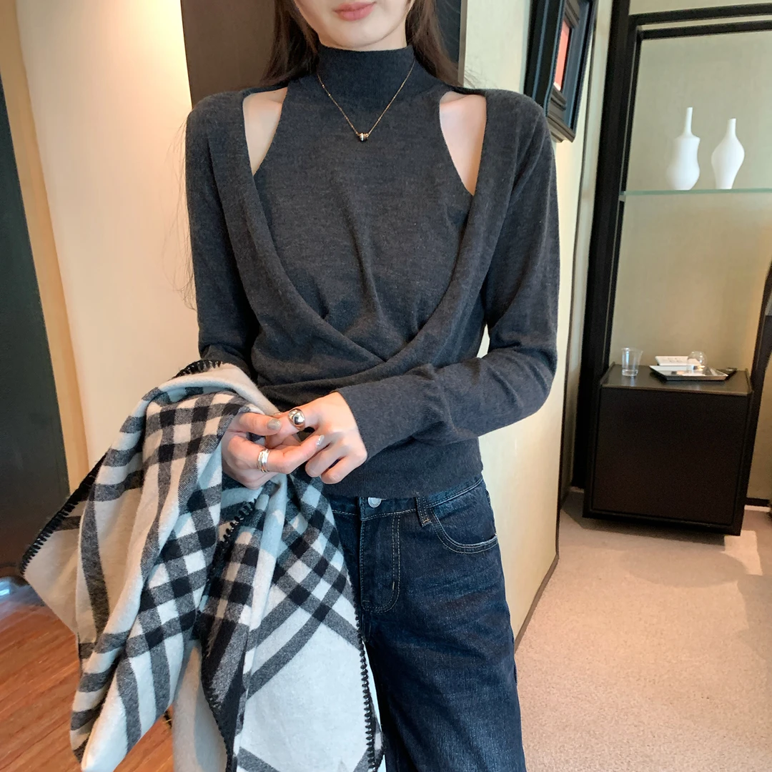 早秋超好看单穿交叉收腰绑带假两件半高领长袖针织衫女新款小上衣