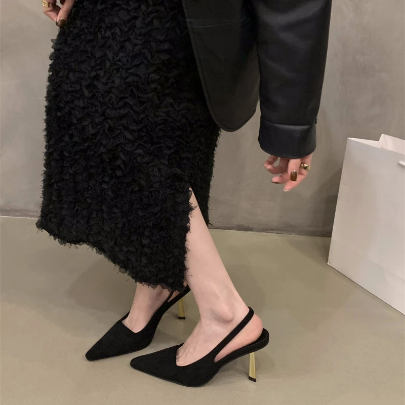 小众法式尖头2025新款气质名媛单鞋高跟鞋包头凉鞋仙女鞋子春夏季