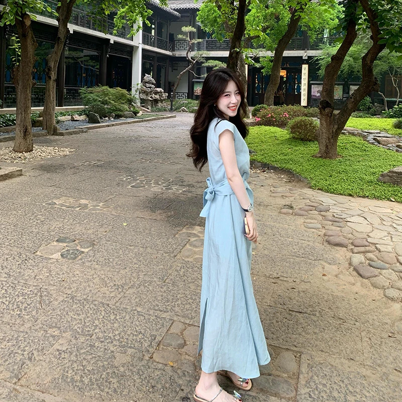 MARIE.COCO春夏新款韩系一片式收腰绑带V领连衣裙通勤设计感裙子