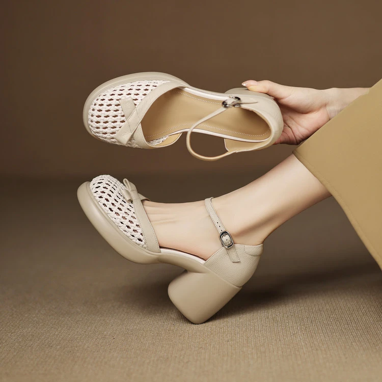 羊皮+编织8cm夏季新款粗跟高跟厚底包头凉鞋时尚百搭镂空包头女鞋