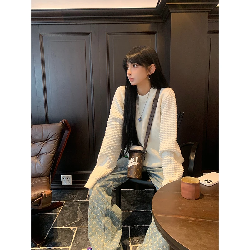 驴家经典款白色毛衣 层次感十zu 慵懒套头针织衫 RH233011
