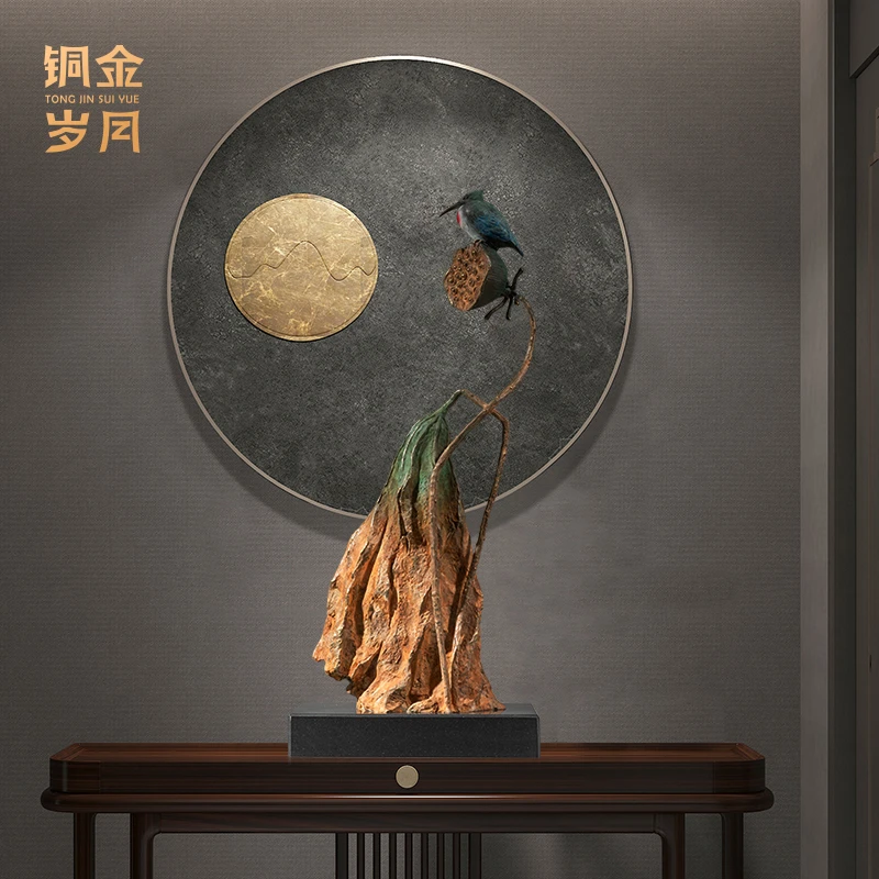 《喜事连连》精黄铜摆荷叶翠鸟件家居装饰电视柜客厅玄关博古架摆件