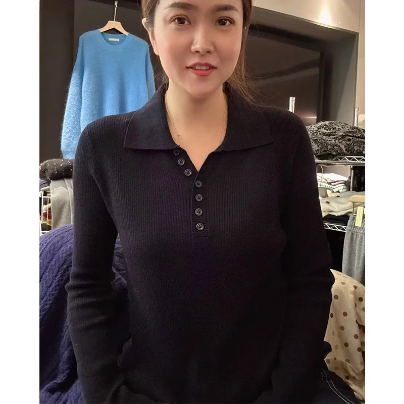巨好看的早秋穿搭！时尚翻领长袖纽扣设计显瘦百搭针织衫上衣-5228