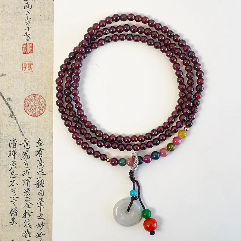 轻奢气质紫牙乌石榴石手串多圈百搭翡翠南红玛瑙平安扣手链-5758