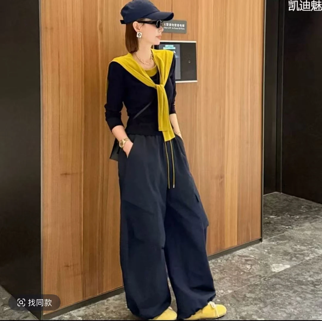 1869{衣长45+裤长99}新秋款潮酷休闲披肩撞色T恤阔腿裤三件套