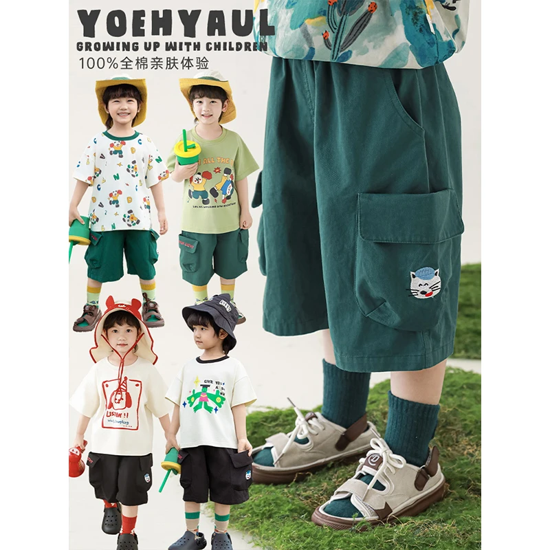YOEHYAUL/幼悠夏五波上【萌喵趣行】绣标翻盖口袋纯棉宽松短裤N6261