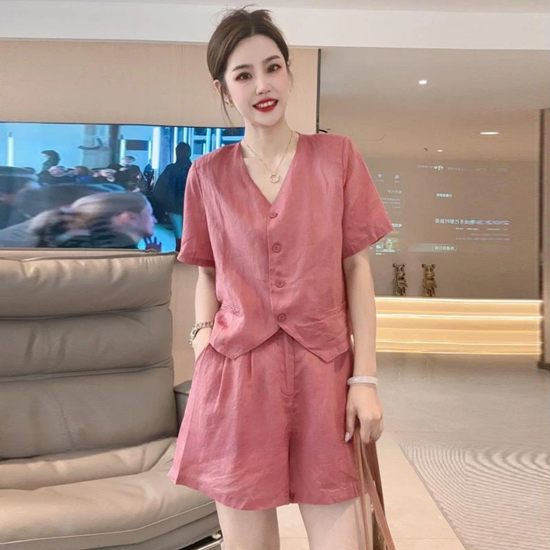纯棉高级感时尚套装女2025年夏季新款时尚宽松减龄衬衫短裤两件套