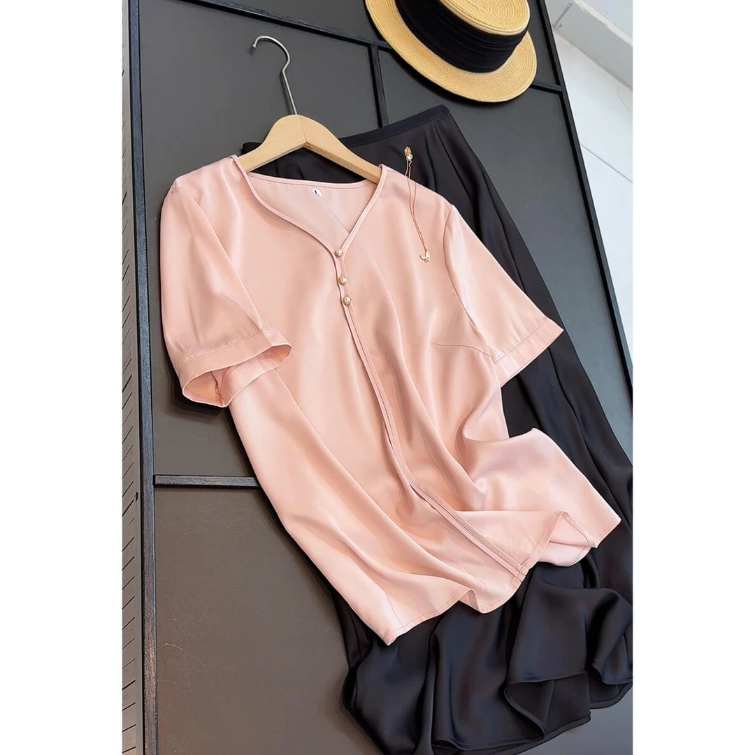 韩版日常通勤气质V领扣短袖衬衫女休闲气质套头上衣