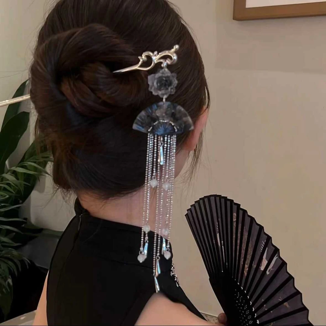 高级感水墨画扇玫瑰流苏发簪新款女新中式国风清冷感步摇旗袍簪子