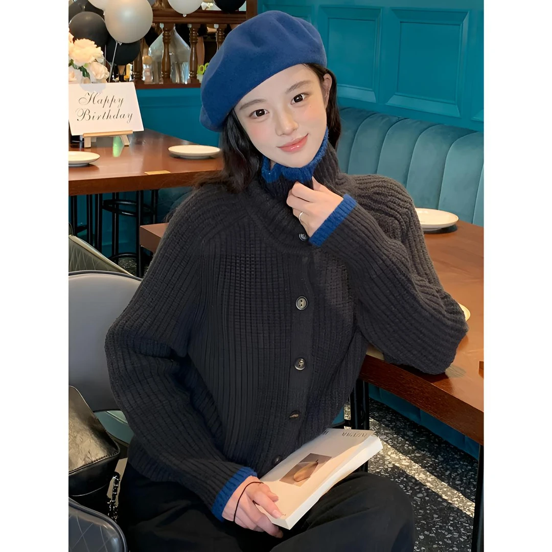 秋冬设计感拼接加厚翻领毛衣女百搭复古宽松小众长袖慵懒风上衣