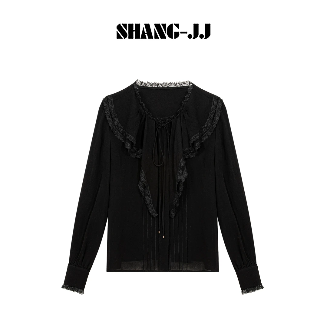 SHANG-JJ【黑色柔焦】25ss新品蕾丝领优雅气质防晒衬衣q134220p