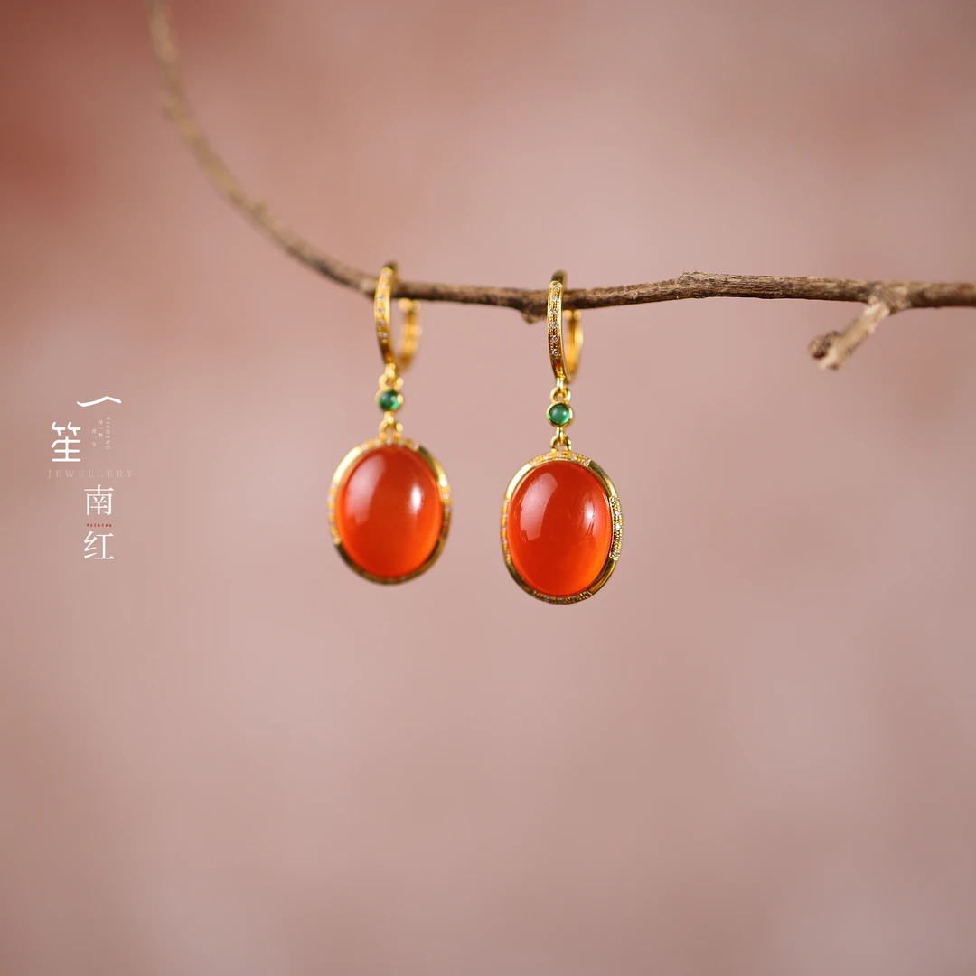 【一笙珠宝】天然南红冰红耳钩18k金耳饰