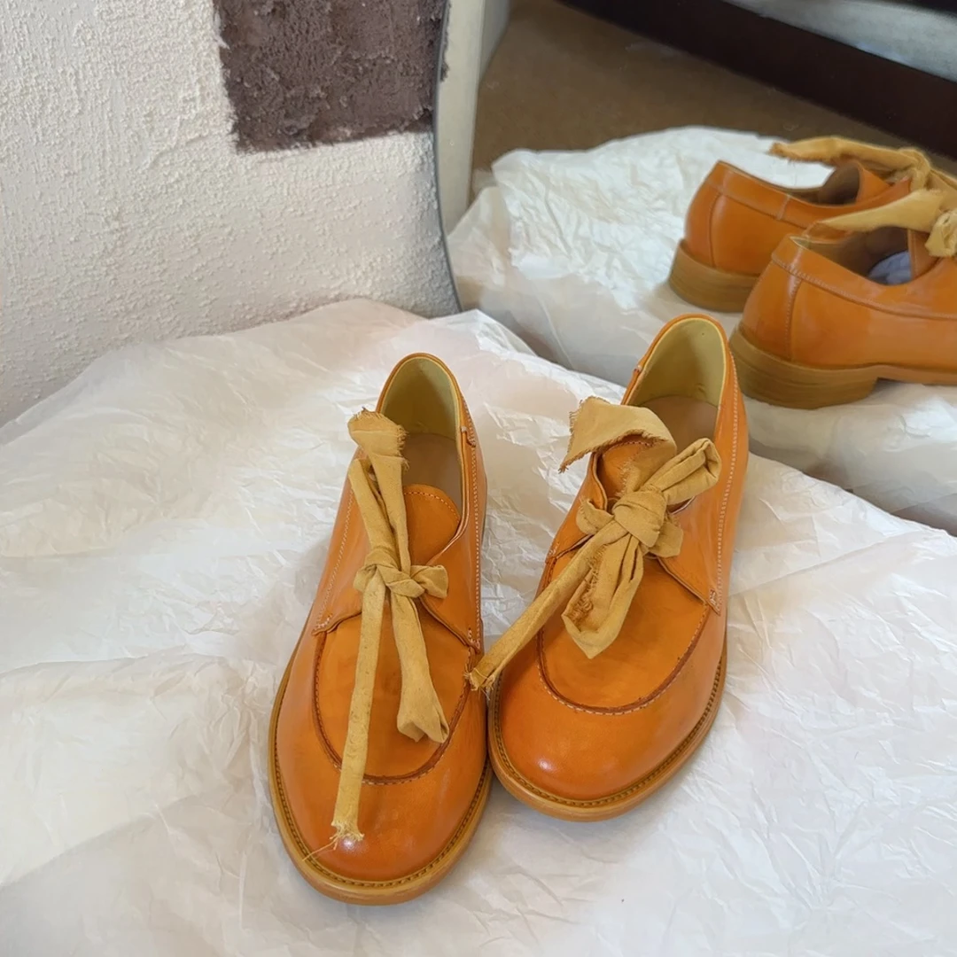 【六呈六】马皮/3CM/重工水洗法式复古圆头蝴蝶结英伦风乐福单鞋女