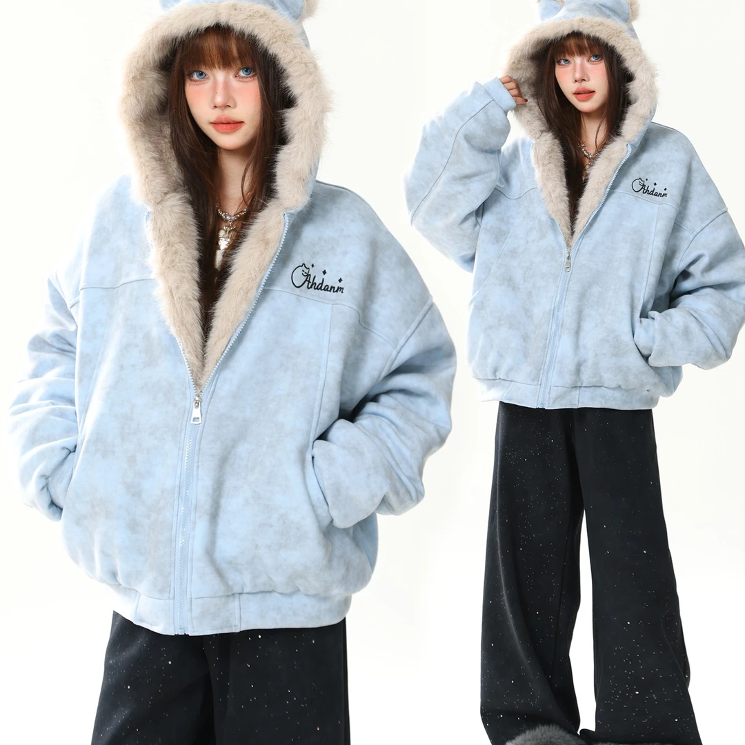 AONW美式潮牌新款座山雕麂皮绒毛领夹棉小熊耳朵外套女冬宽松棉服