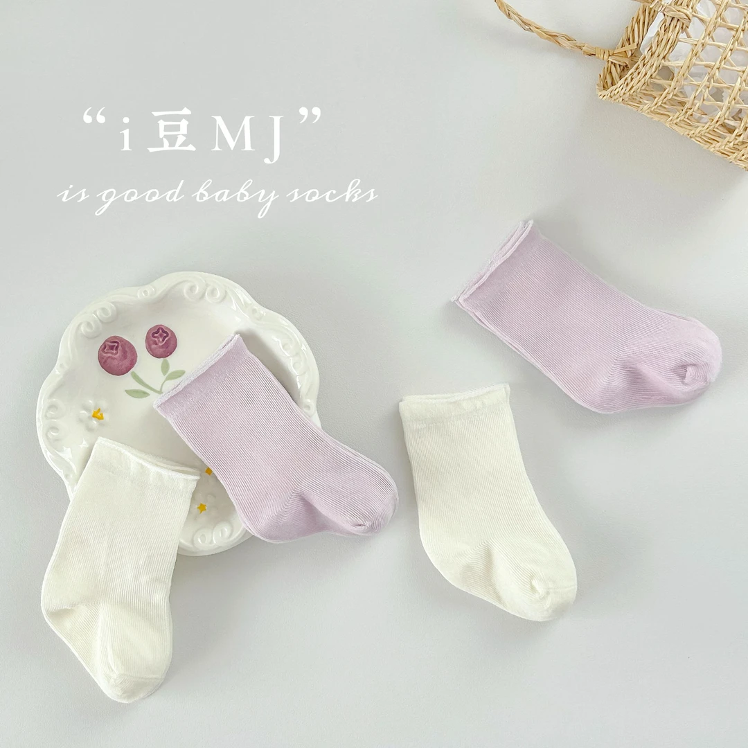 8833婴儿袜子春秋棉新生儿纯色无骨卷边松口短袜宝宝不勒腿中筒袜