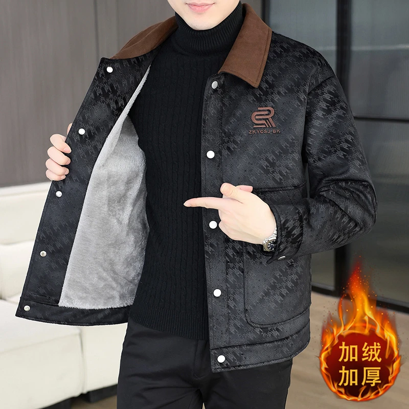 男士秋冬季加绒加厚保暖翻领夹克外套潮流百搭青年保暖冬季衣服男
