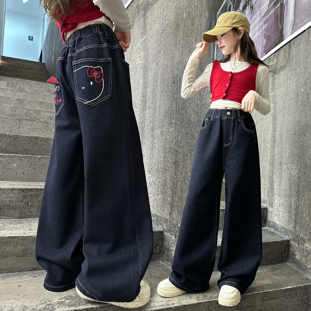 女童裤子牛仔阔腿裤春秋装新款中大童韩版休闲直筒裤秋季宽松长裤