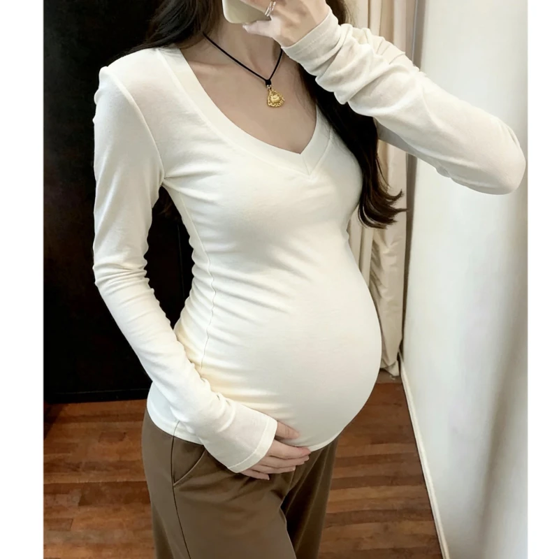 纯棉孕妇v领长袖T恤打底衫2025秋冬新款时尚百搭修身内搭正肩上衣