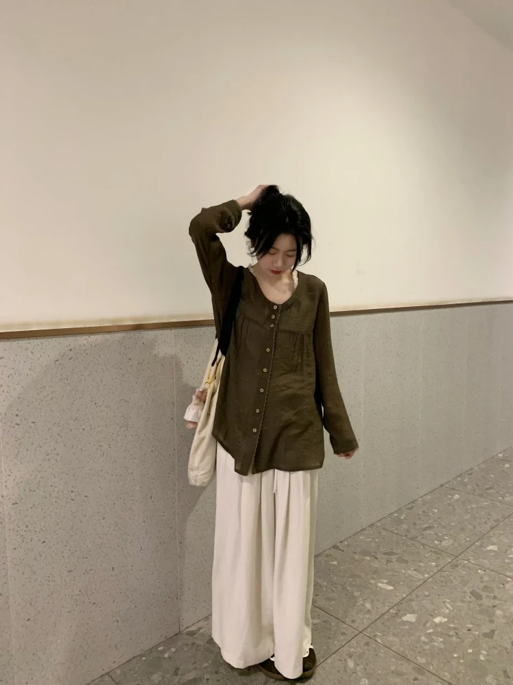 棕色古早蕾丝花边衬衫女2025薄感微透慵懒宽松防晒衣罩衫衬衫外套