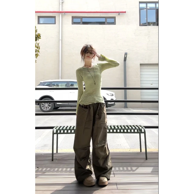 2025秋季新款时尚洋气薄款宽松显瘦长袖上衣高腰百搭阔腿裤两件套