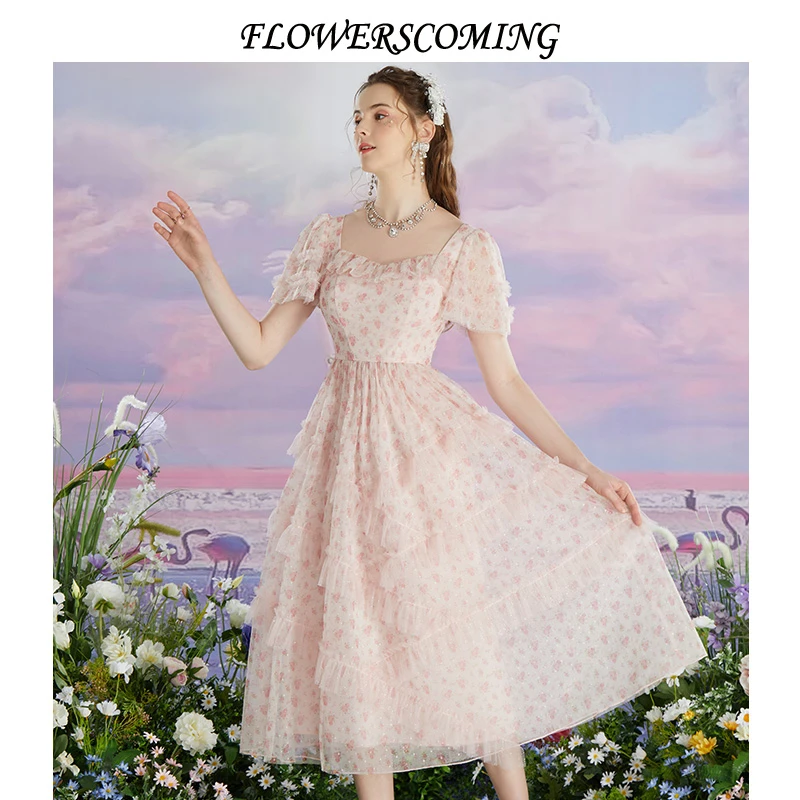 花儿开了2025夏季新款法式超仙网纱印花高腰设计感公主裙FMXL369