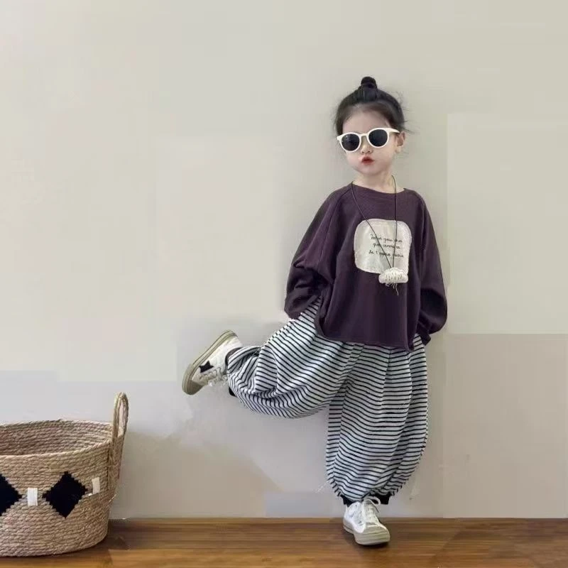 2025女童秋装洋气女卫衣条纹阔腿束脚裤两件套穿搭潮公主风韩版宽
