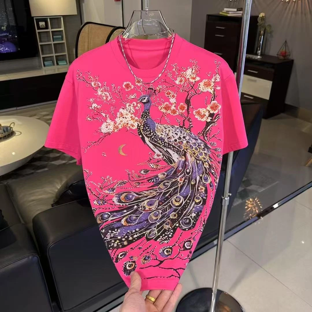 L#潮牌烫钻孔雀短袖T恤潮宽松韩版落肩半袖t恤镶钻修身夏季