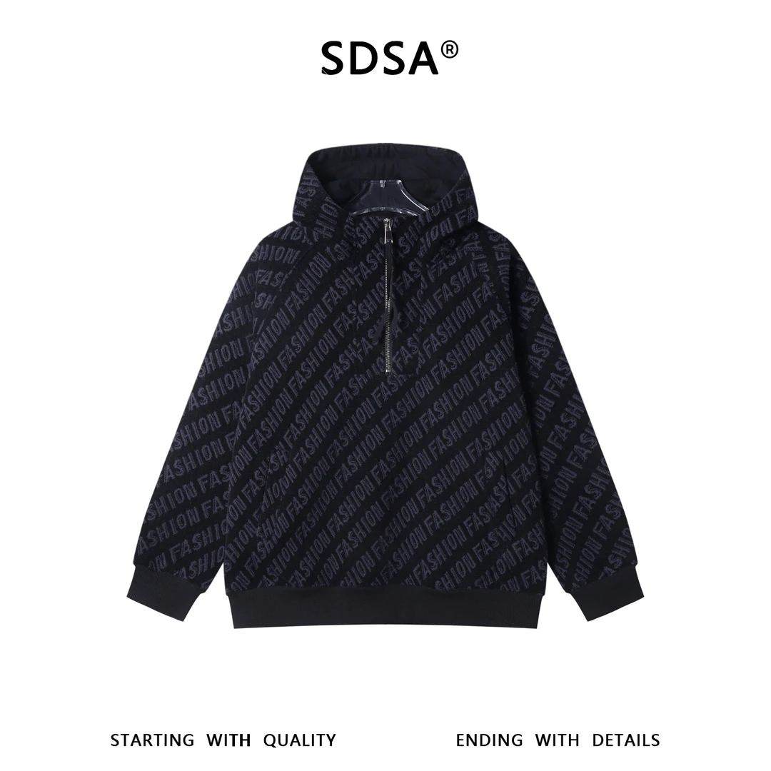 SDSA秋冬新款痞帅男装美式高街满印字母绒毛半拉链立领连帽卫衣潮