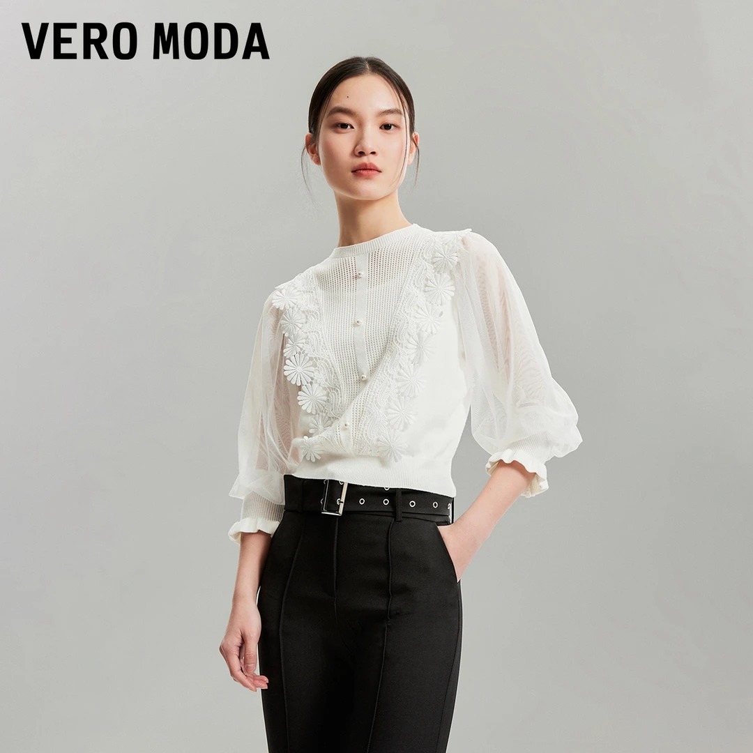Vero Moda针织衫早春新款欧若风花朵蕾丝韩系小香风七分324124016