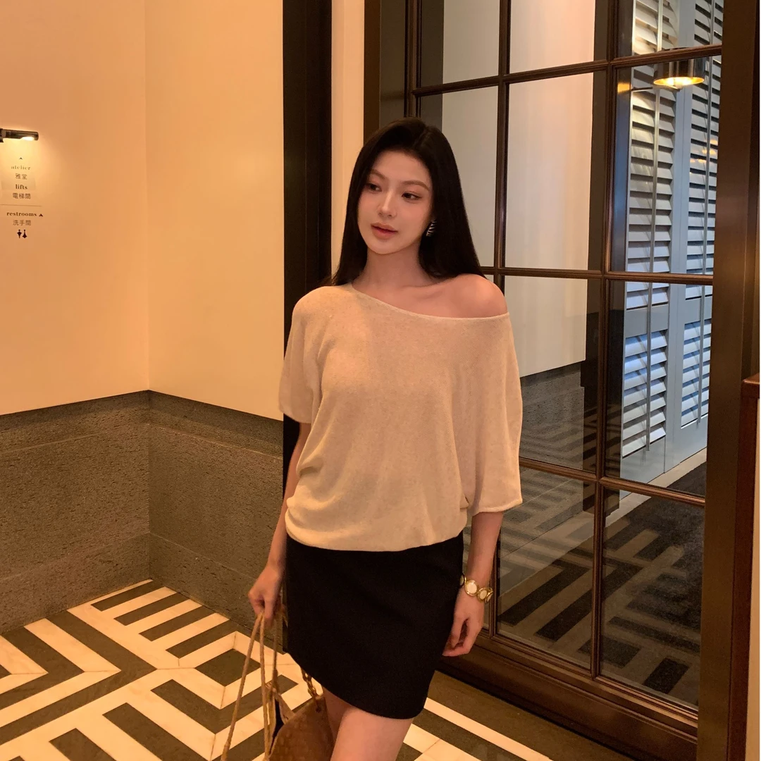 现货 JINY 静一【懒调宽衫】蝙蝠袖针织罩衫女宽松套头斜肩短袖上衣