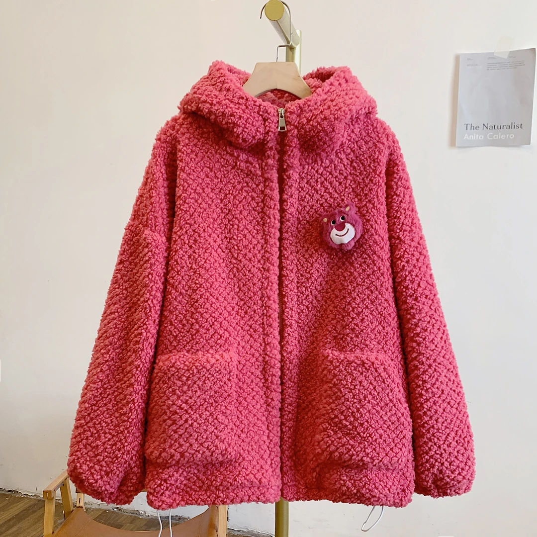 草莓熊C5305加绒草莓熊下摆抽绳拉链连帽毛绒外套