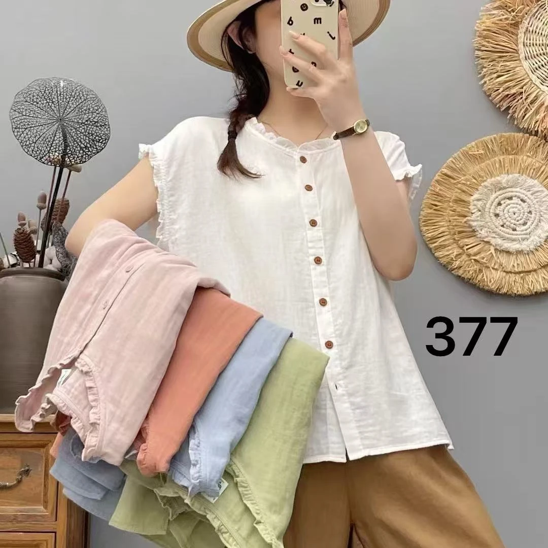 377-清凉一夏新款木耳花边领开衫复古文艺宽松显瘦无袖上衣